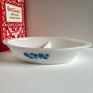 Vintage Glasbake Divided Milk Glass Casserole Dish Blue Floral 12”